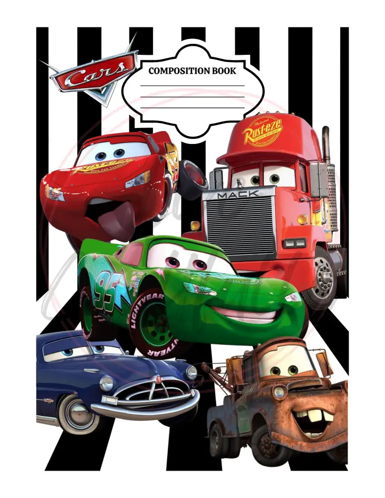 Custom Composition Notebook Talking Cars / Black Spine Wide Rule