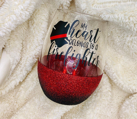 Heart Belongs to Fire Fighter Glitter Glass